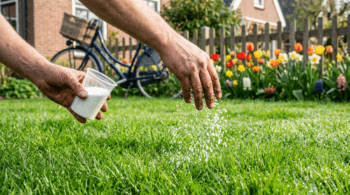 tuinliefhebbers worden uitgenodigd om hun gazon te bestrooien met een betaalbaar badproduct van 1€ om de grasgroei te stimuleren en een weelderig groen gazon te krijgen voor de zomer.